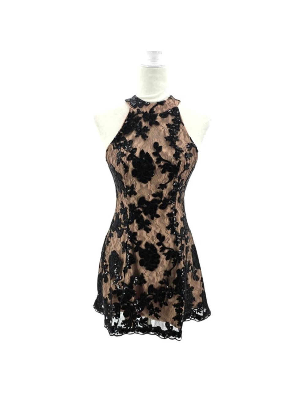 Dress The Population Womens Small Dress Abbie Sequin Floral Black Tan Mini Party